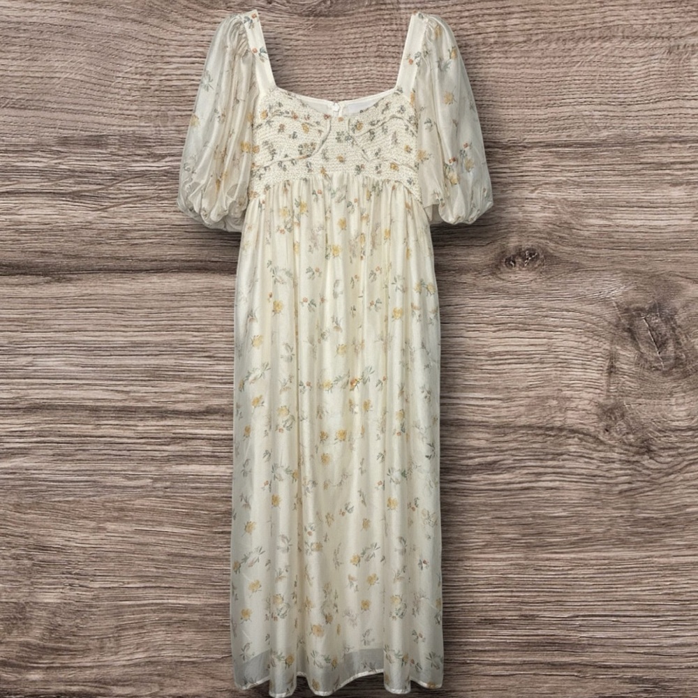 Worth Cream Floral Midi Dress with Puff Sleeves - Picture 2 of 15